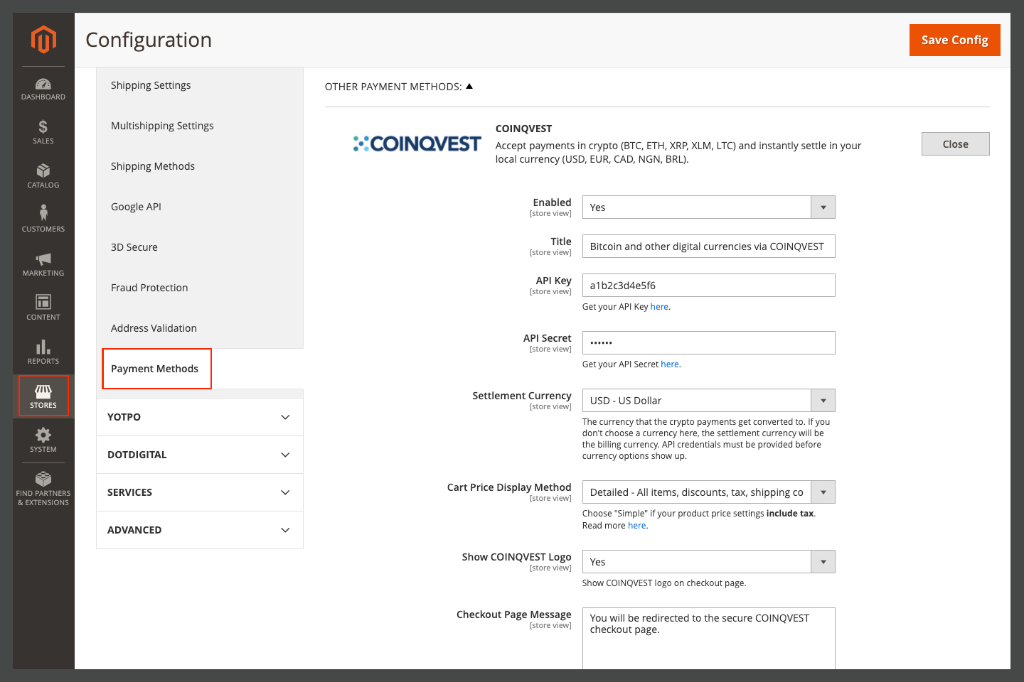 COINQVEST Payment Method Settings in Magento Admin Area