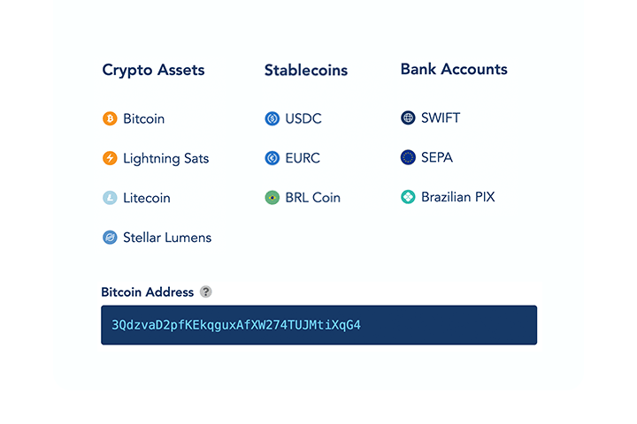 Screenshot: Connect your business to Bitcoin, Lightning, Litecoin, USDC, EURC, and Stellar.