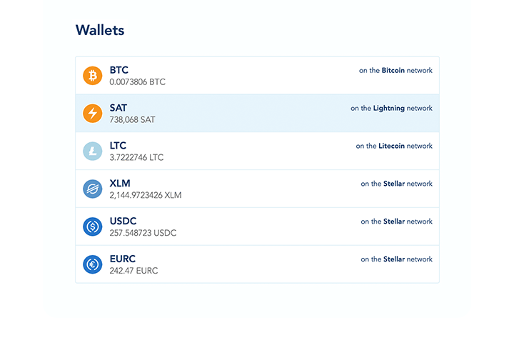 Screenshot: Issue and manage wallets for Bitcoin, Lightning, Litecoin, Stellar, USDC, and EURC.