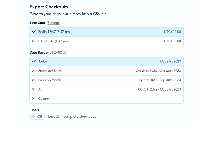 Screenshot: Export all your transactions, checkouts, deposits, transfers, and swaps into convenient CSVs.