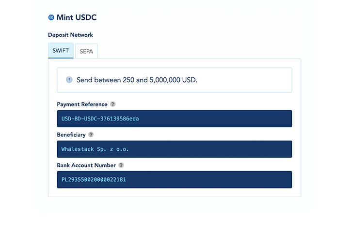 Screenshot: Deposit fiat via SEPA or SWIFT and receive Circle USDC or EURC on blockchain.