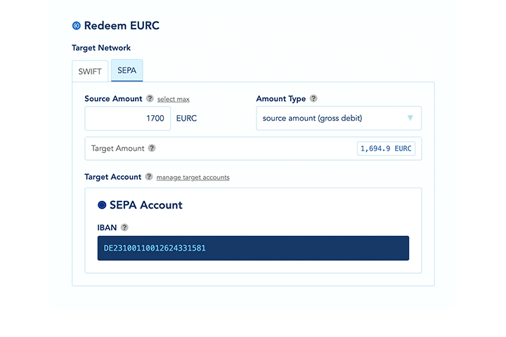Screenshot: Withdraw USDC, EURC, or BRL and receive fiat in your SWIFT, SEPA, or PIX bank account.