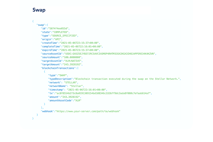Screenshot: Execute swaps within your own app ecosystem using the Whalestack Exchange API.